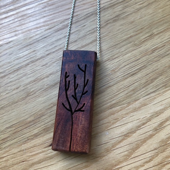 Handmade wooden tree pendant necklace with silver tone chain - Picture 2 of 5